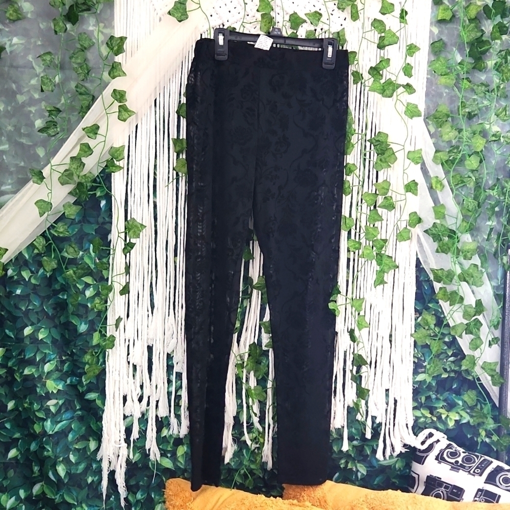 Black Mesh Sheer Floral Printed Leggings